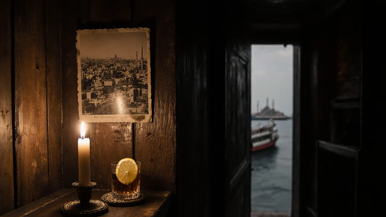 Hidden candlelit bar with vintage photos and a small glass of herbal liqueur.