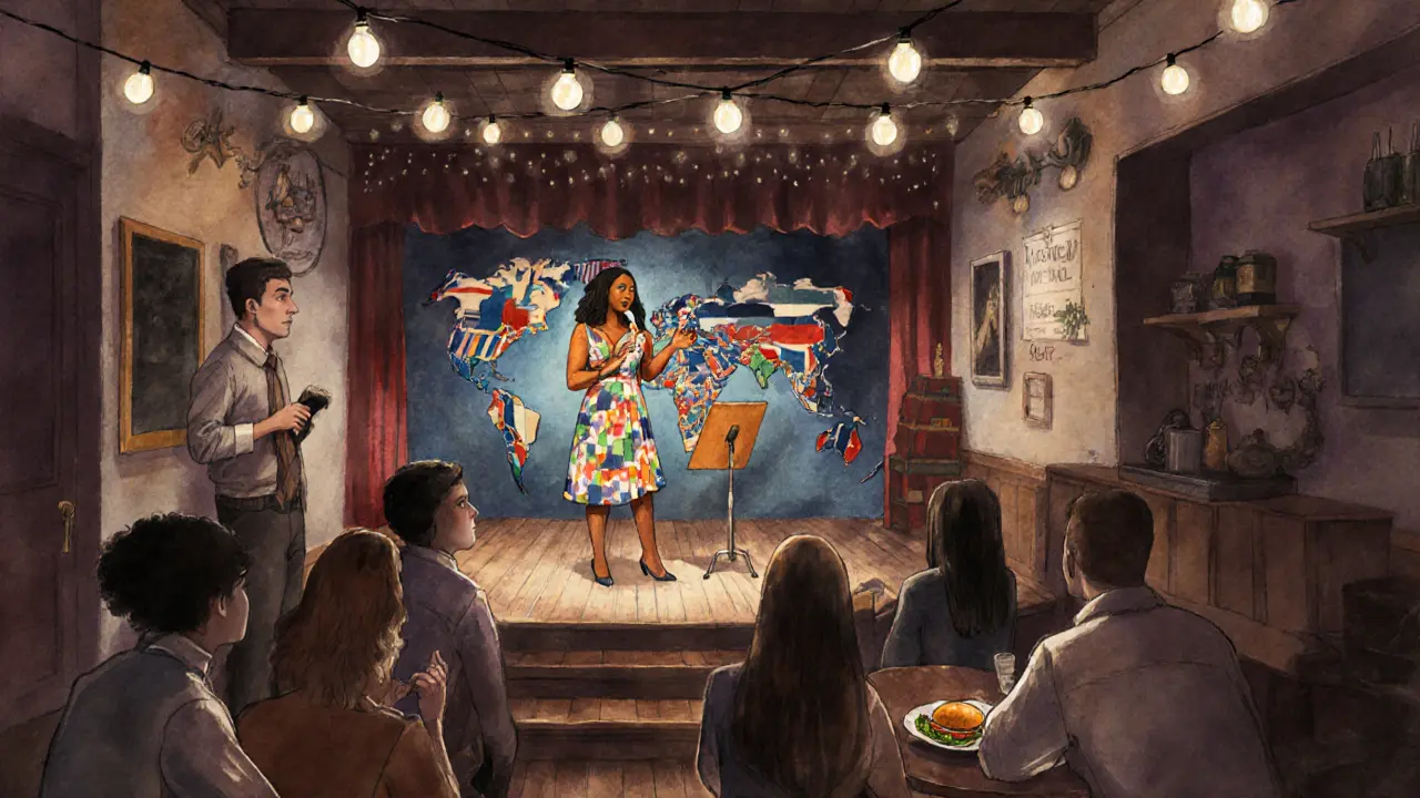 Intimate comedy café with diverse audience listening to a performer under string lights