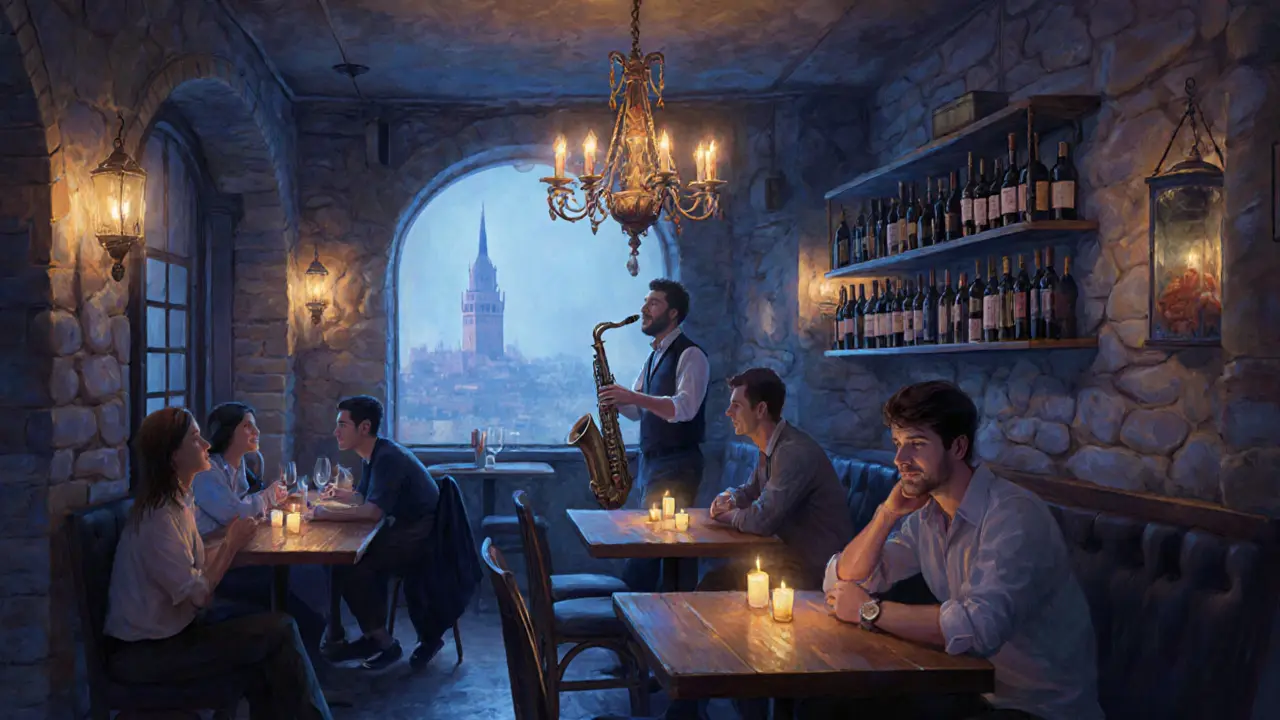 Intimate jazz bar in Galata with candlelight, saxophonist playing, and wine shelves.