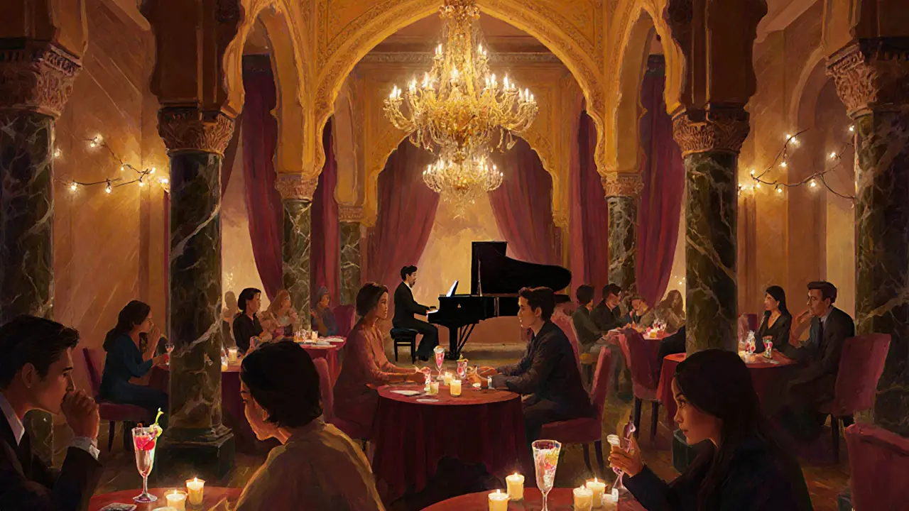 Intimate jazz lounge with candlelit tables, a pianist playing, and ornate Arabic architecture in warm tones.