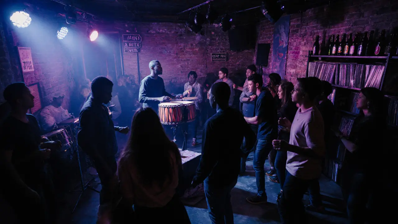 Intimate underground music venue with a percussionist performing as audience leans in rapturously.
