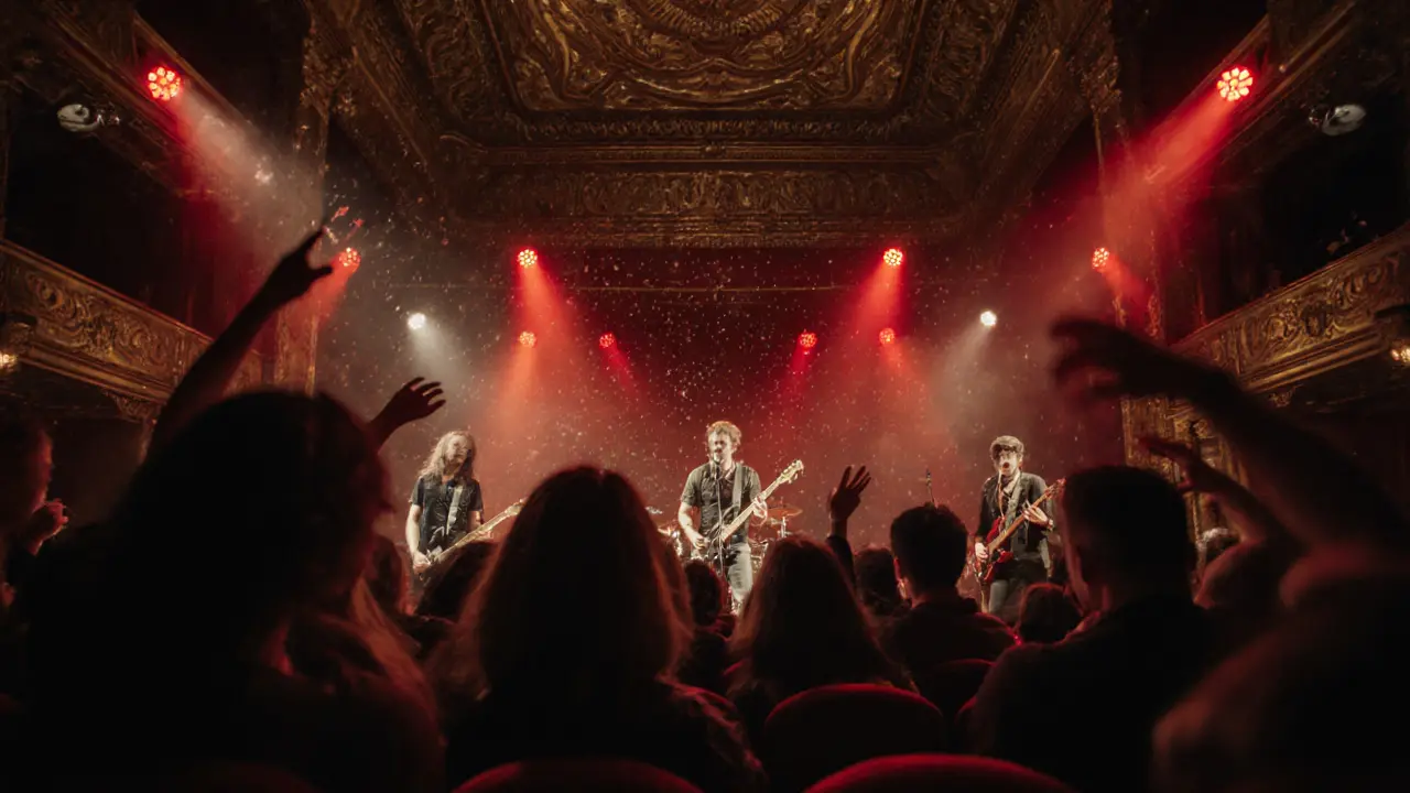 Large concert crowd in a gilded theater with a rock band performing under bold red and gold lights.