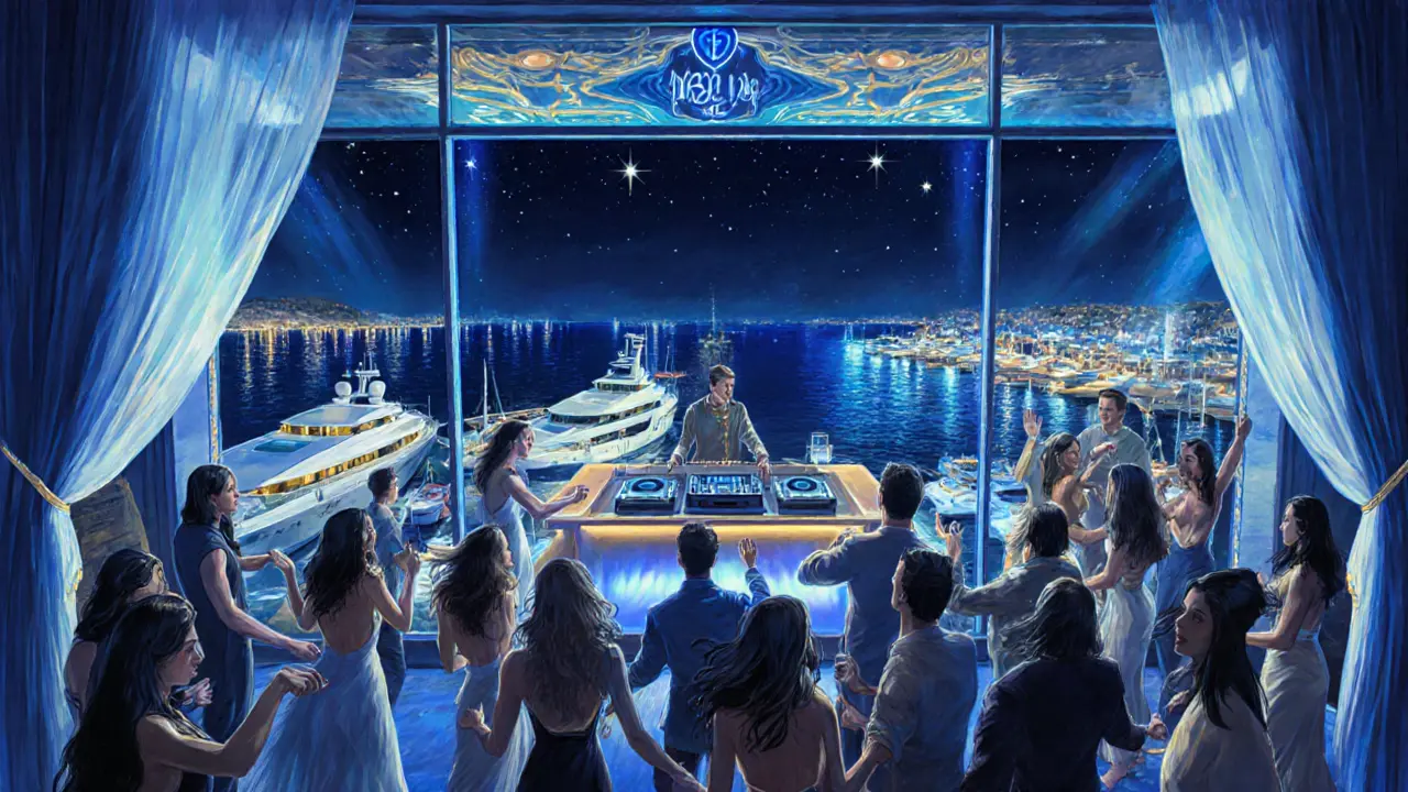 Le Blue nightclub with views of glittering yachts and a stylish crowd dancing.