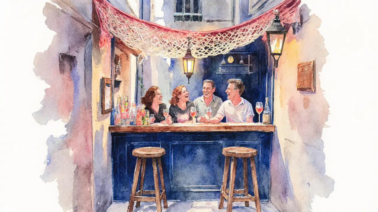 Locals enjoying rosé at a quiet alley bar behind the Oceanographic Museum.