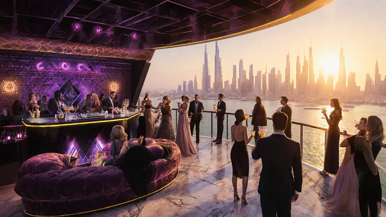 Luxurious Cavalli Club deck at dusk with guests in elegant attire, skyline glowing behind velvet lounges.