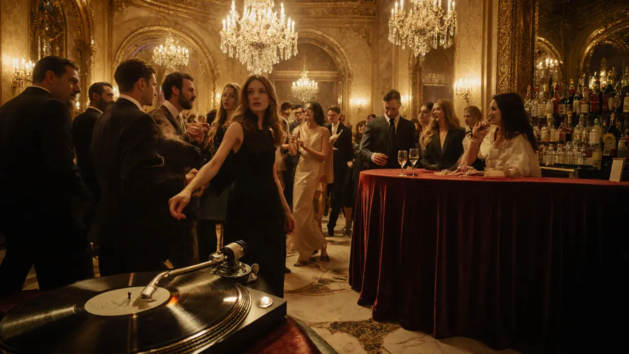 Luxurious nightclub in a historic palazzo with golden lighting and elegant guests.