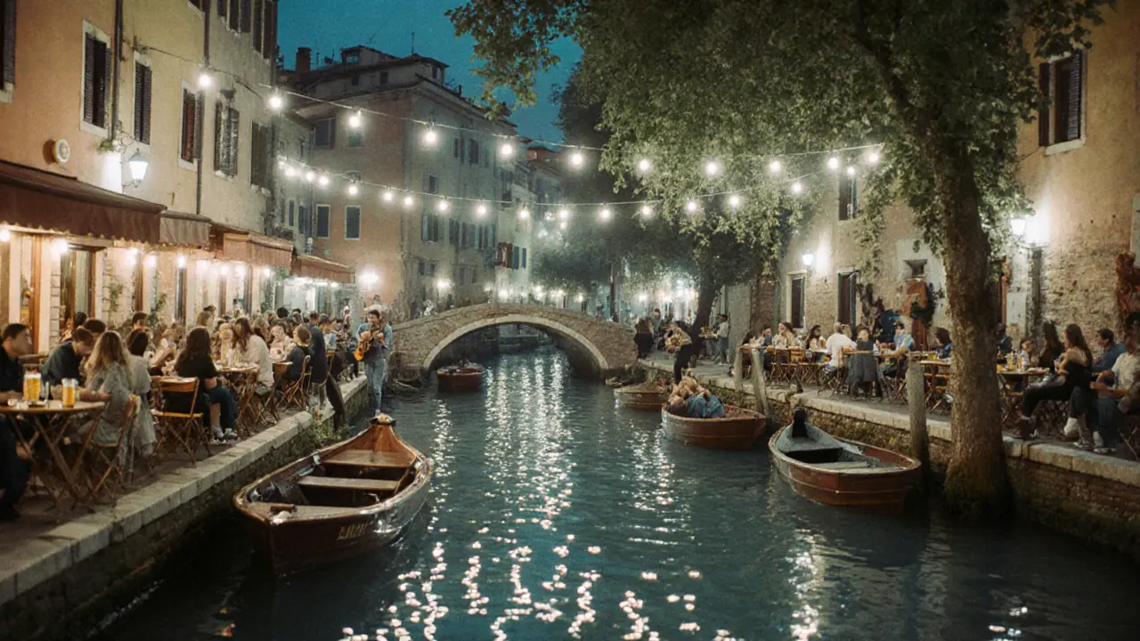 Navigli canals lit by string lights, people dining and drinking by the water at night.