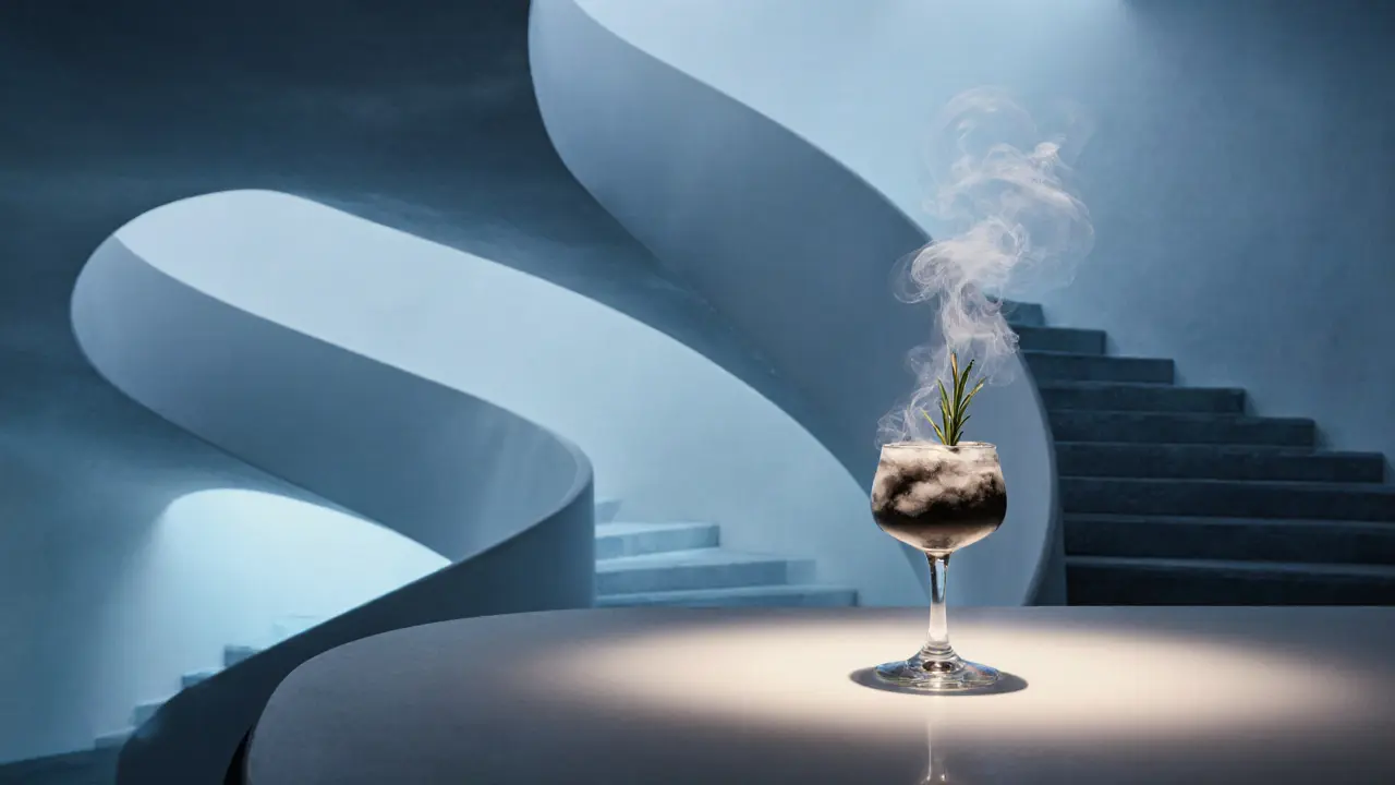 Opus by Zaha Hadid lounge with curved architecture and glowing cocktail in futuristic setting.