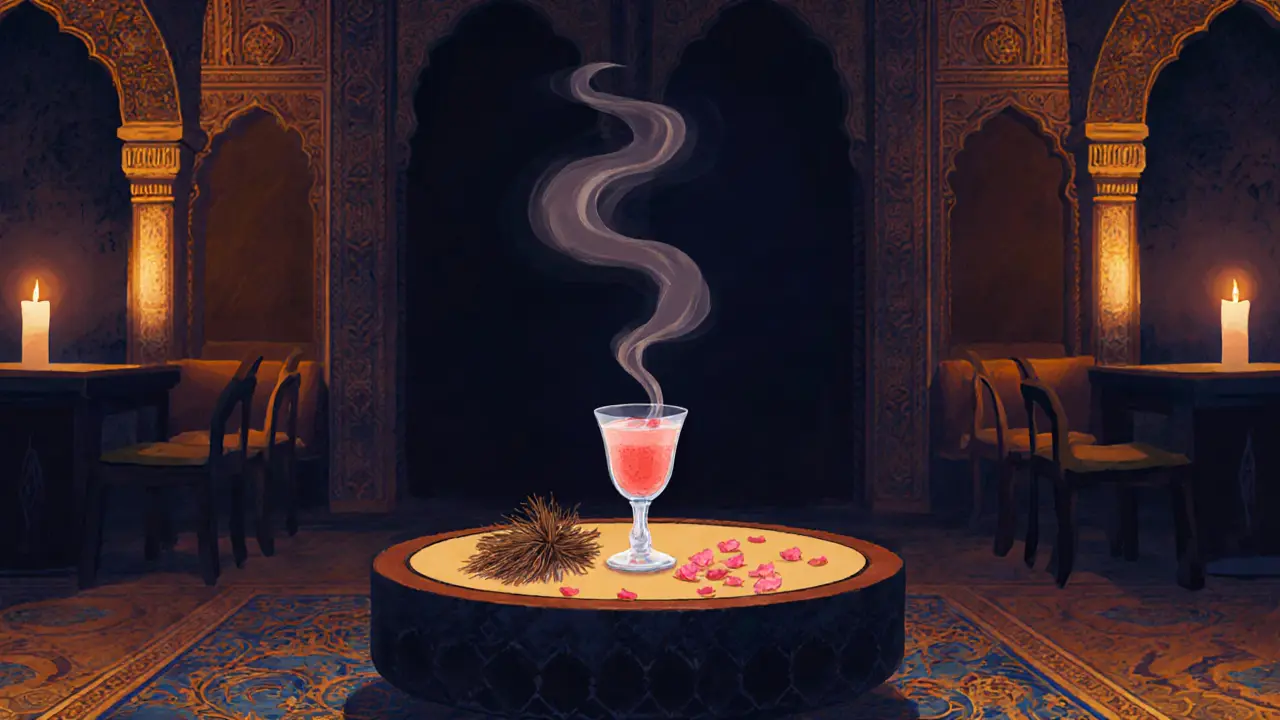 Ottoman-style bar with candlelight, tiled walls, and a floral drink on a low table.