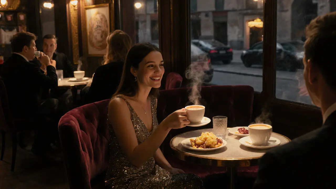Patrons enjoying coffee and pastries at Bar Campari at dawn after a long night out.