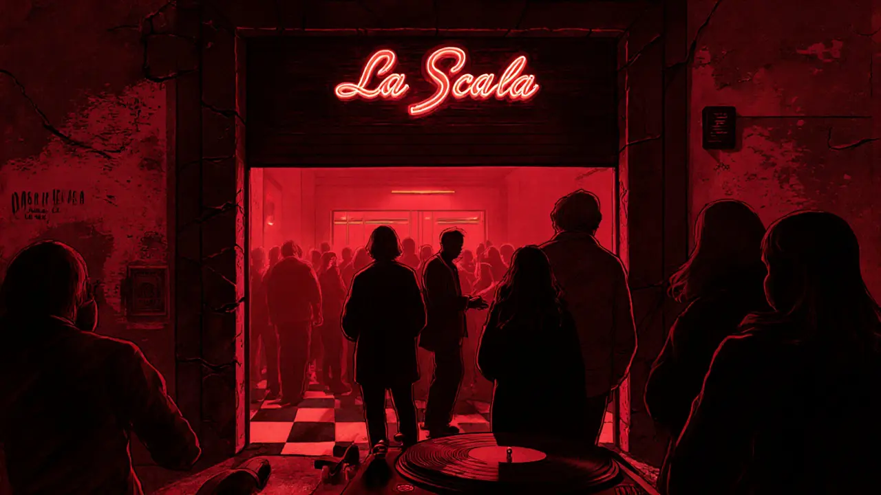 Red-lit underground club entrance with shadowy figures entering a hidden warehouse venue.