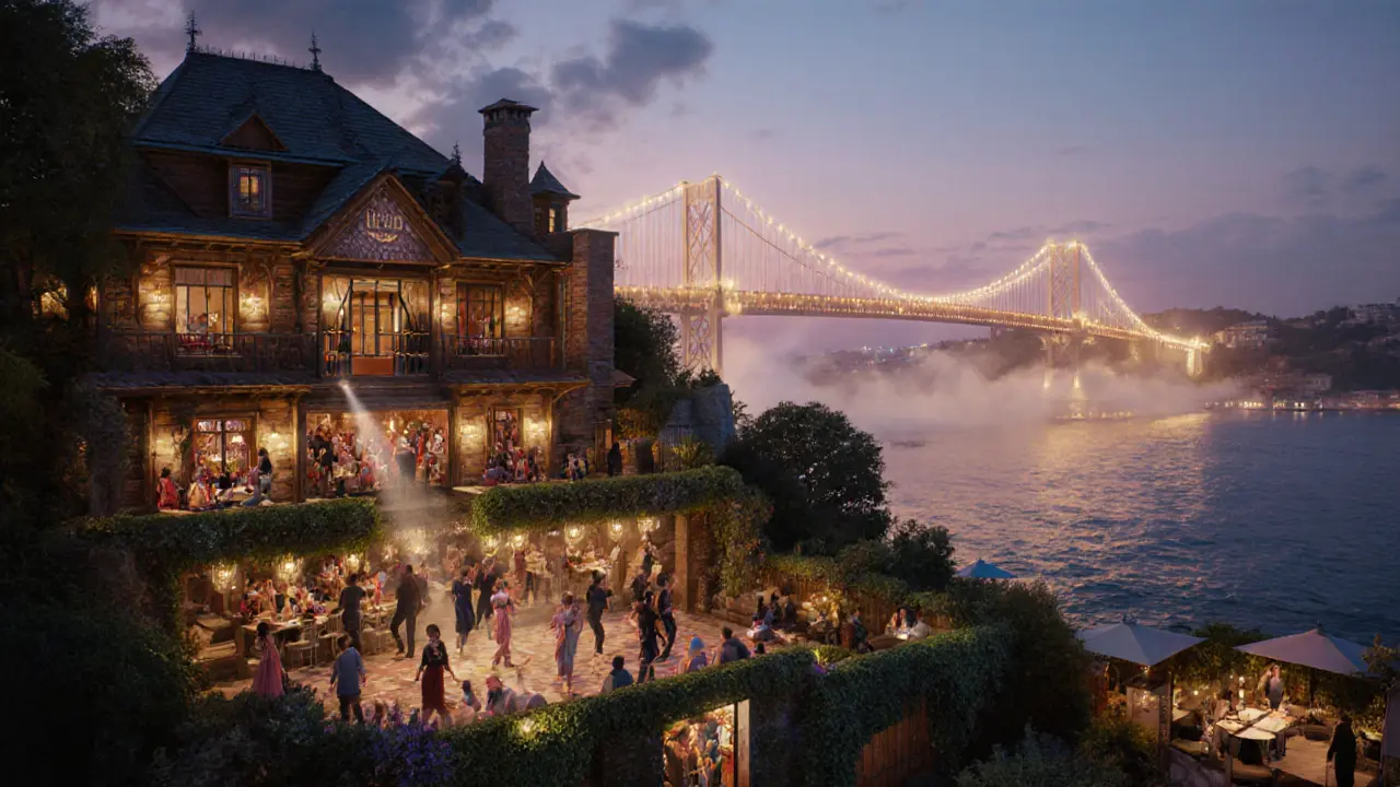 Reina nightclub by dawn with guests dancing on terraces as the Bosphorus Bridge glows in the background.