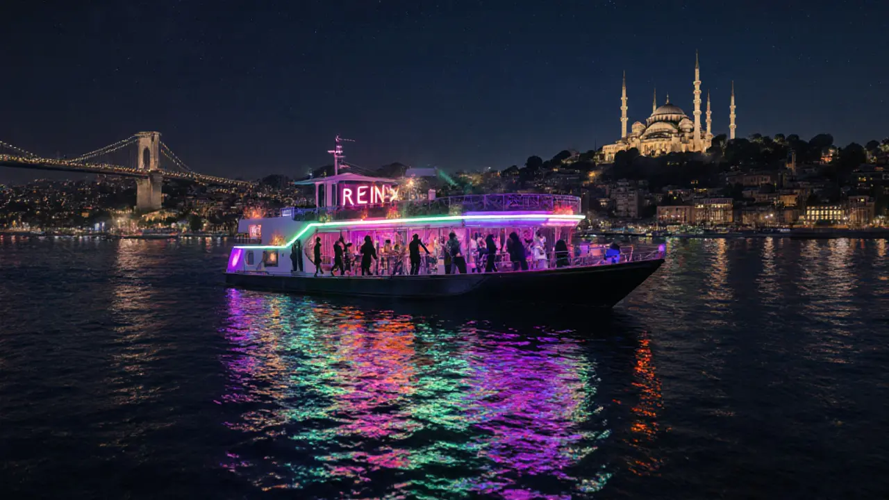 Reina nightclub on the Bosphorus reflecting Istanbul’s skyline at midnight.
