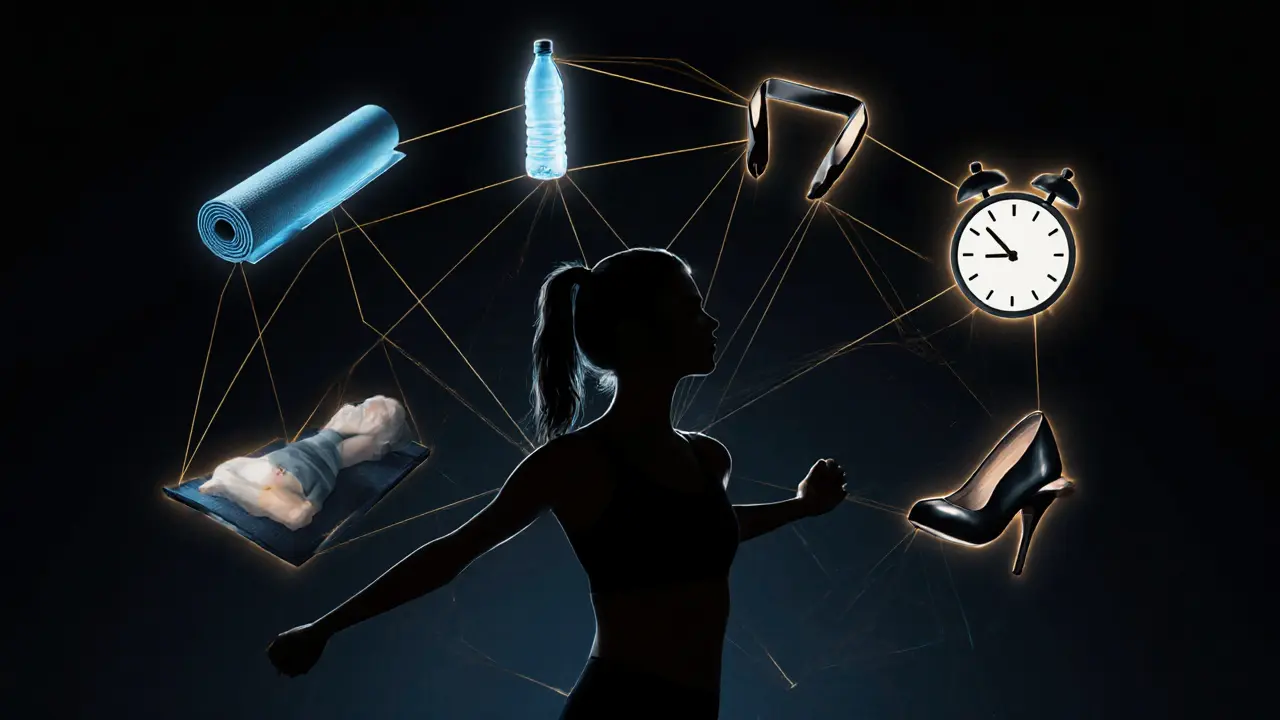 Silhouette surrounded by symbols of health and autonomy: yoga mat, water bottle, clock, and heels.