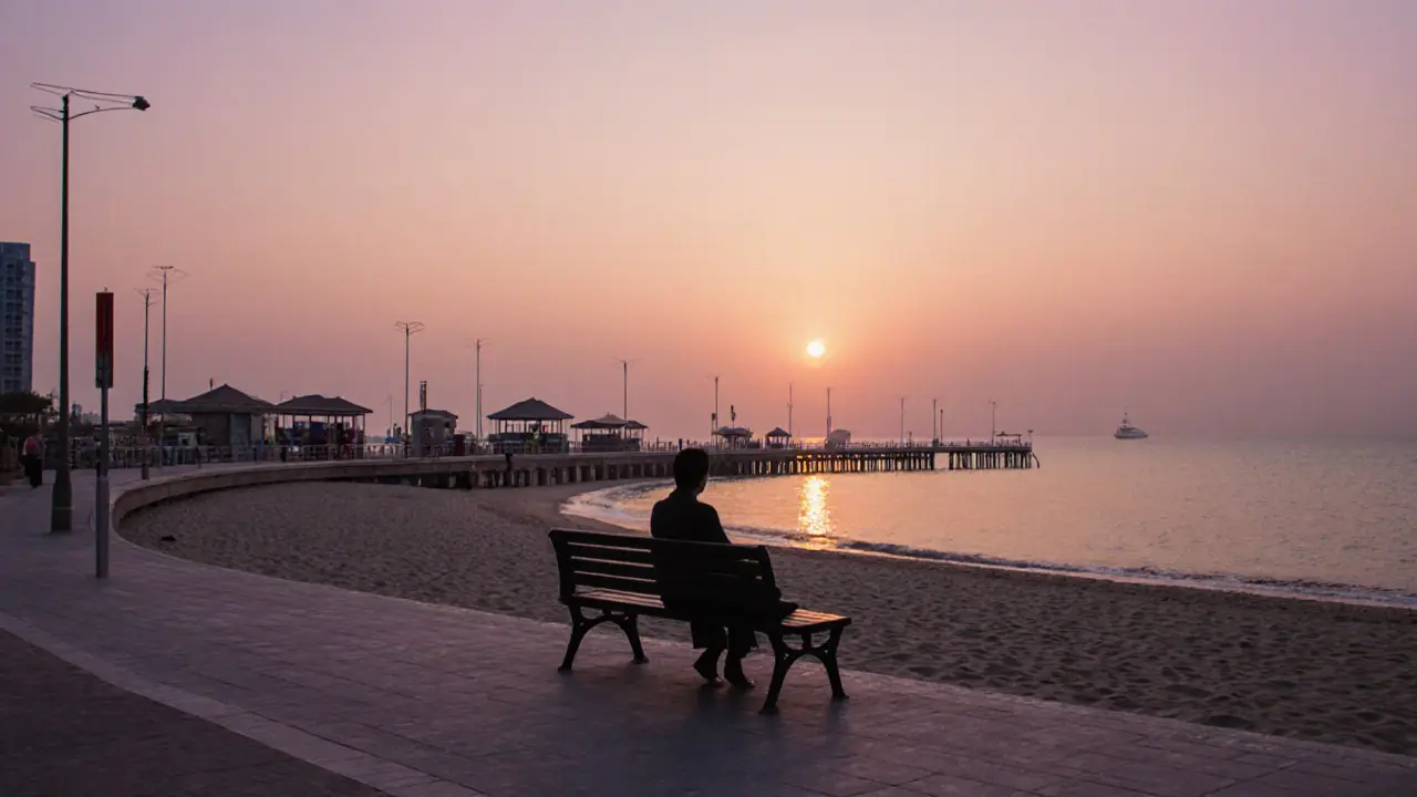 Silhouetted figure on JBR Walk bench watching sunset, long promenade stretching toward calm ocean.