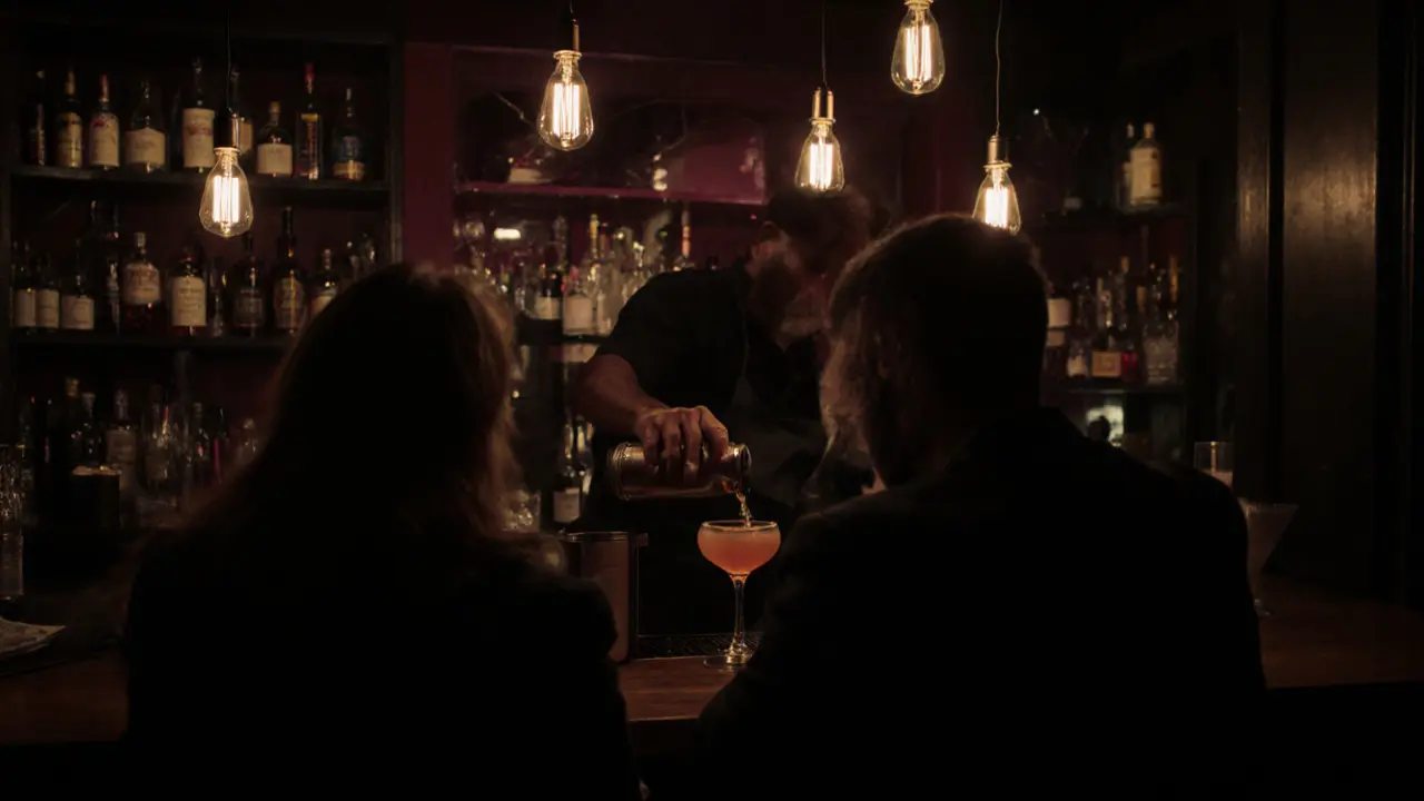 Silhouettes of a couple at a hidden Berlin speakeasy, sharing a crafted cocktail in warm, moody light.