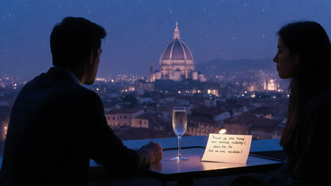 Silhouettes on a rooftop bar overlooking Milan&#039;s Duomo at night with a handwritten note.