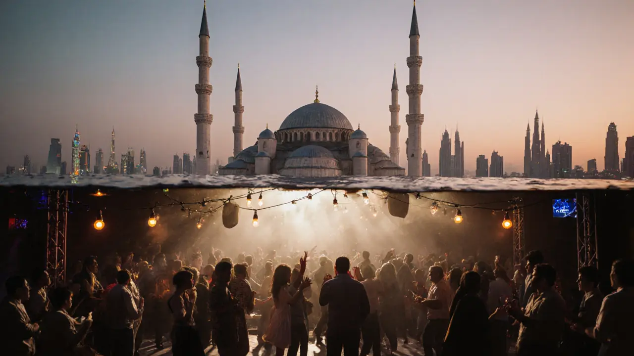 Skyline at dawn showing a vibrant nightlife scene below and a quiet mosque above, symbolizing cultural harmony.
