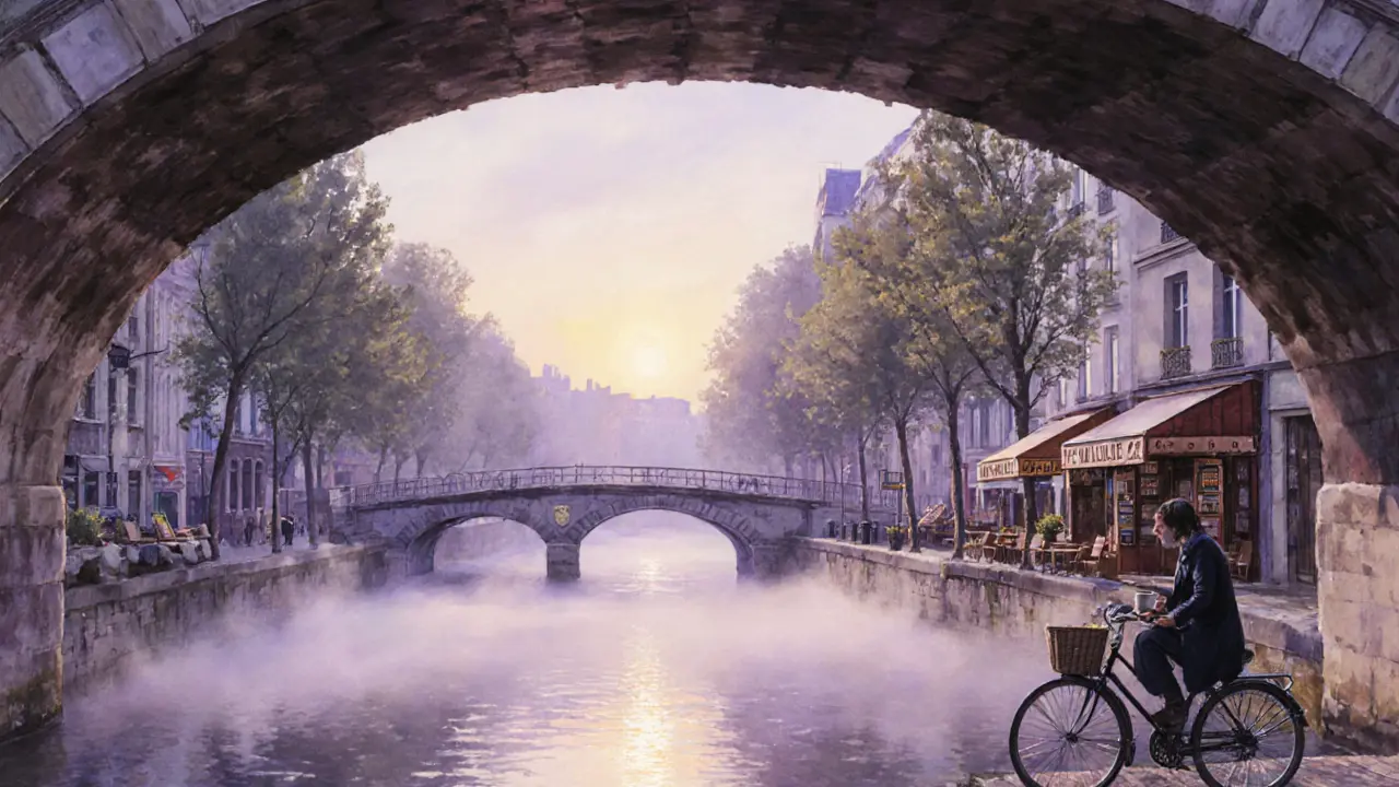 Sunrise at Canal Saint-Martin, a person drinking coffee by the water as mist rises and the city wakes up.
