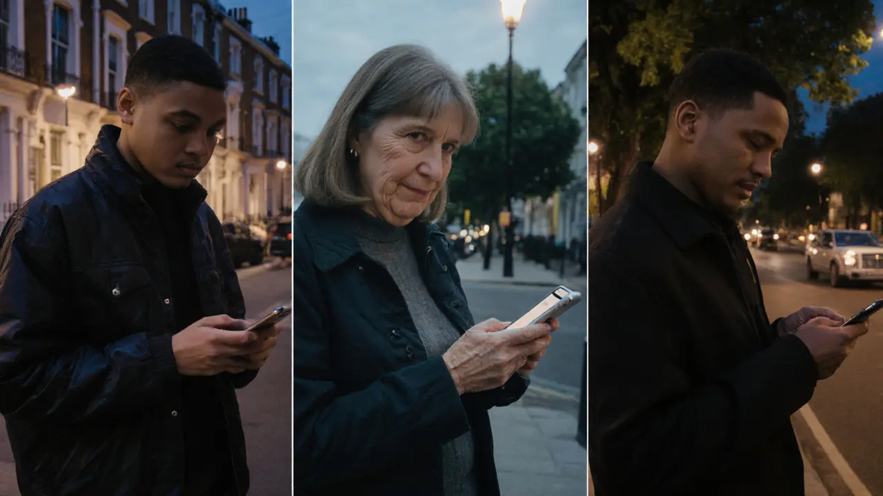 Three diverse individuals in different London neighborhoods using apps to arrange private meetings, each in their unique setting.