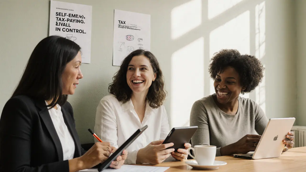 Three women collaborating in a shared workspace, discussing client feedback and managing their independent businesses.