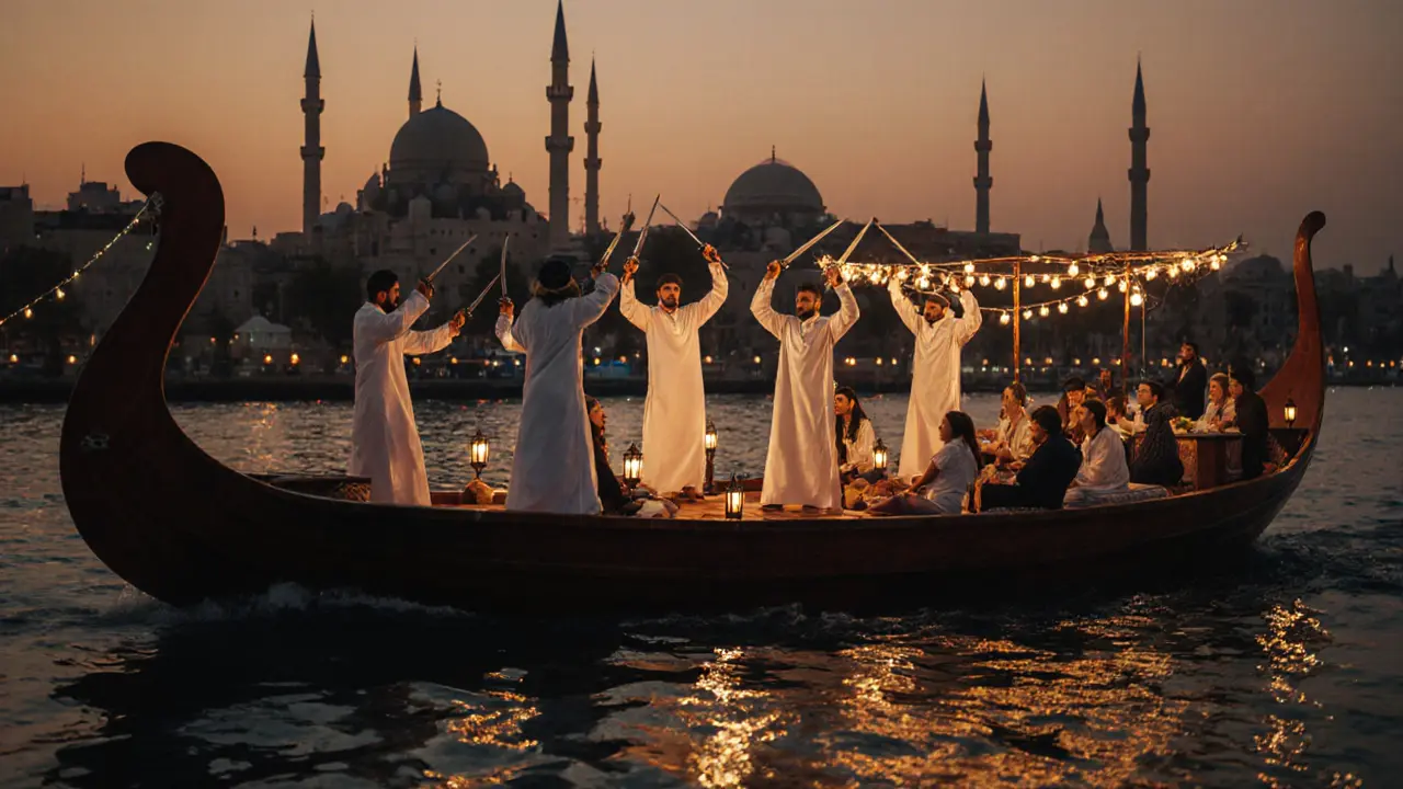 Traditional Yowlah dance performed on a lantern-lit dhow cruise along Dubai Creek at sunset.