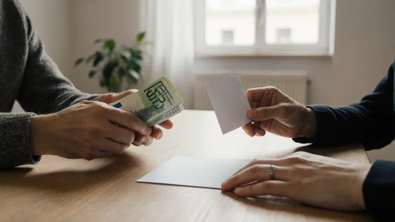 Two hands exchanging cash and a note on a wooden table, symbolizing mutual respect.