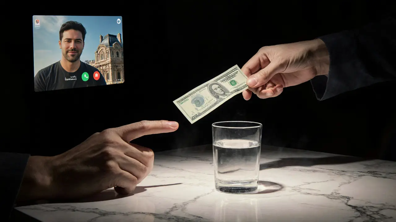 Two hands meeting at a table, one gently refusing payment, with subtle symbols of trust in the background.