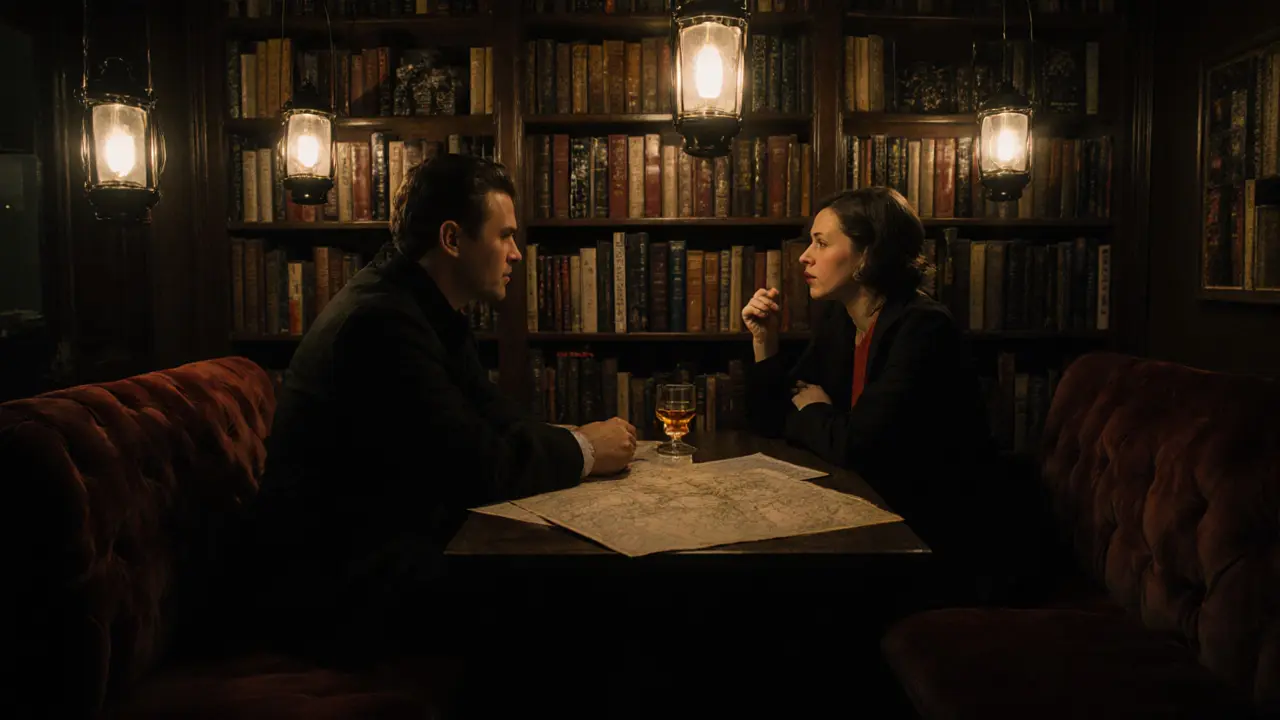 Two people in deep conversation inside a hidden speakeasy, lit by lanterns and surrounded by books.