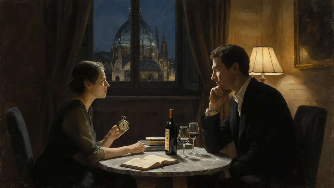 Two people sharing a quiet moment with wine and art books in a softly lit Milan apartment.