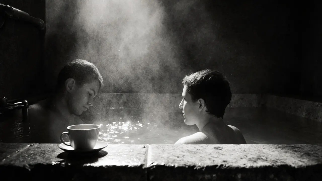Two people soak silently in a small thermal tub, steam rising, ceramic cup nearby, no decorations.