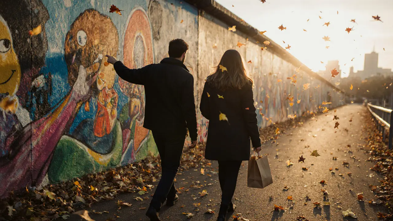 Two people walking along the colorful East Side Gallery at sunrise, surrounded by murals and autumn leaves.