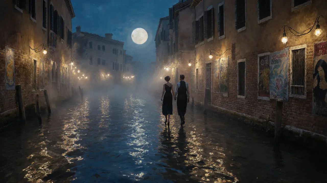 Two people walking peacefully along the Navigli canals at night under glowing string lights.