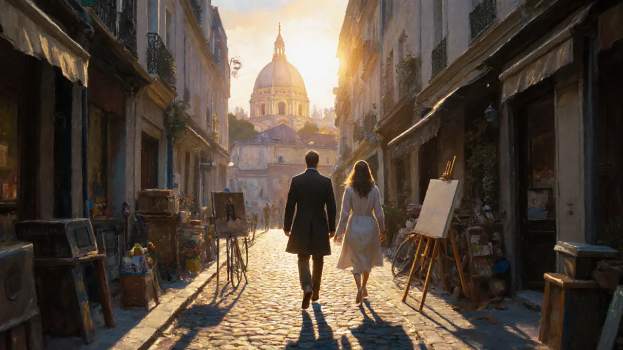 Two people walking peacefully through Montmartre at sunset, passing quiet artist studios.