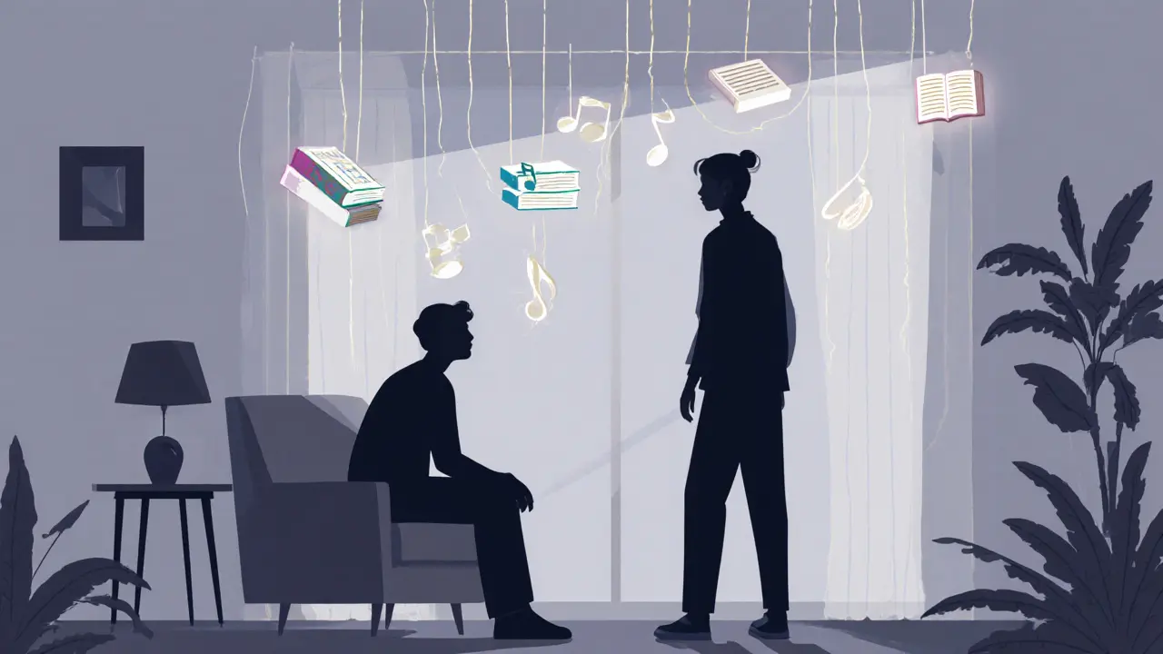 Two silhouettes in a warm room connected by invisible threads of understanding and emotional presence.