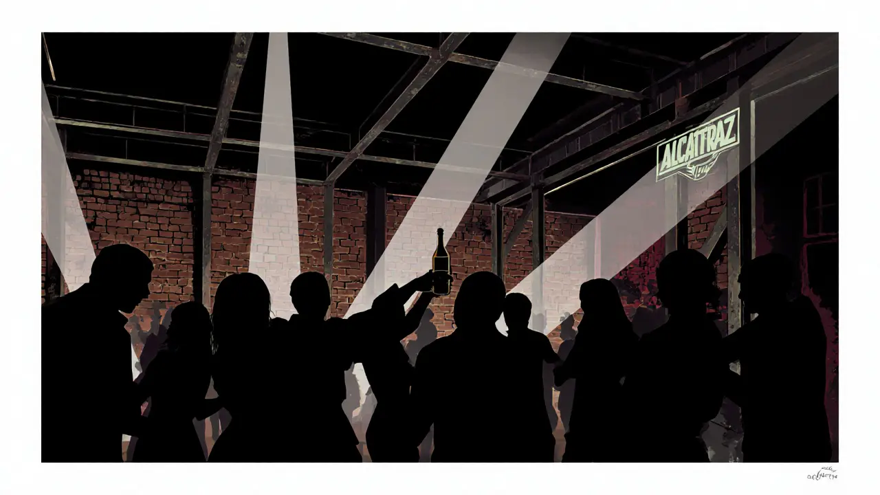 Underground club Alcatraz with dancers in minimalist clothing under dramatic strobe lights.