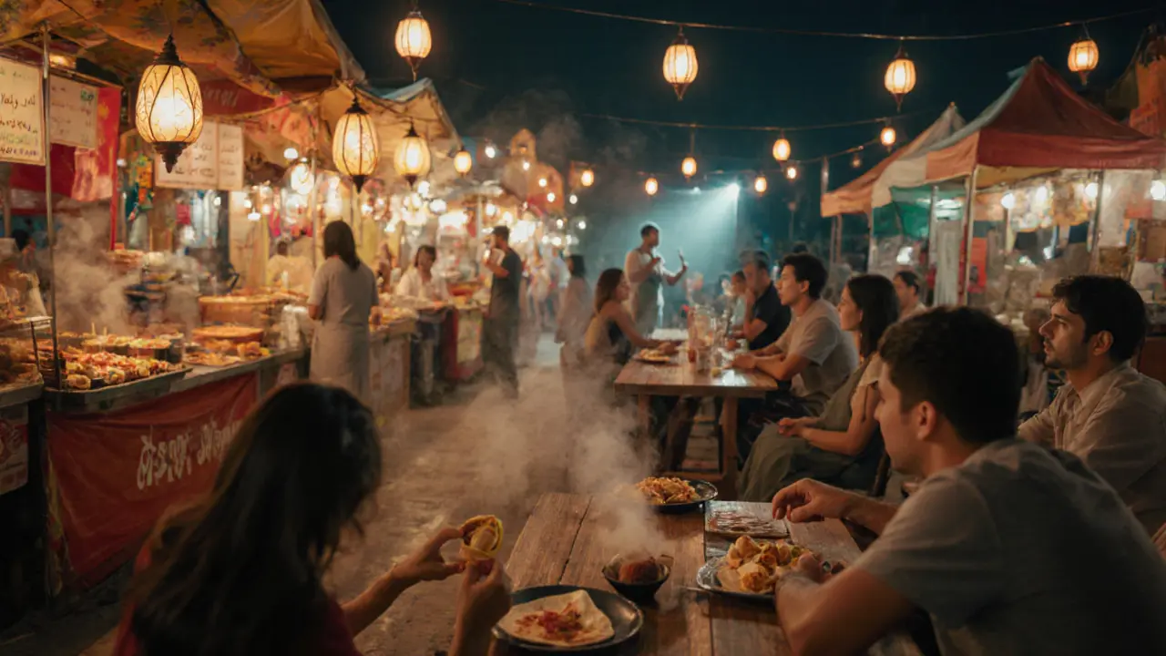 Vibrant night market with food stalls, string lights, and people sharing meals under lantern glow.