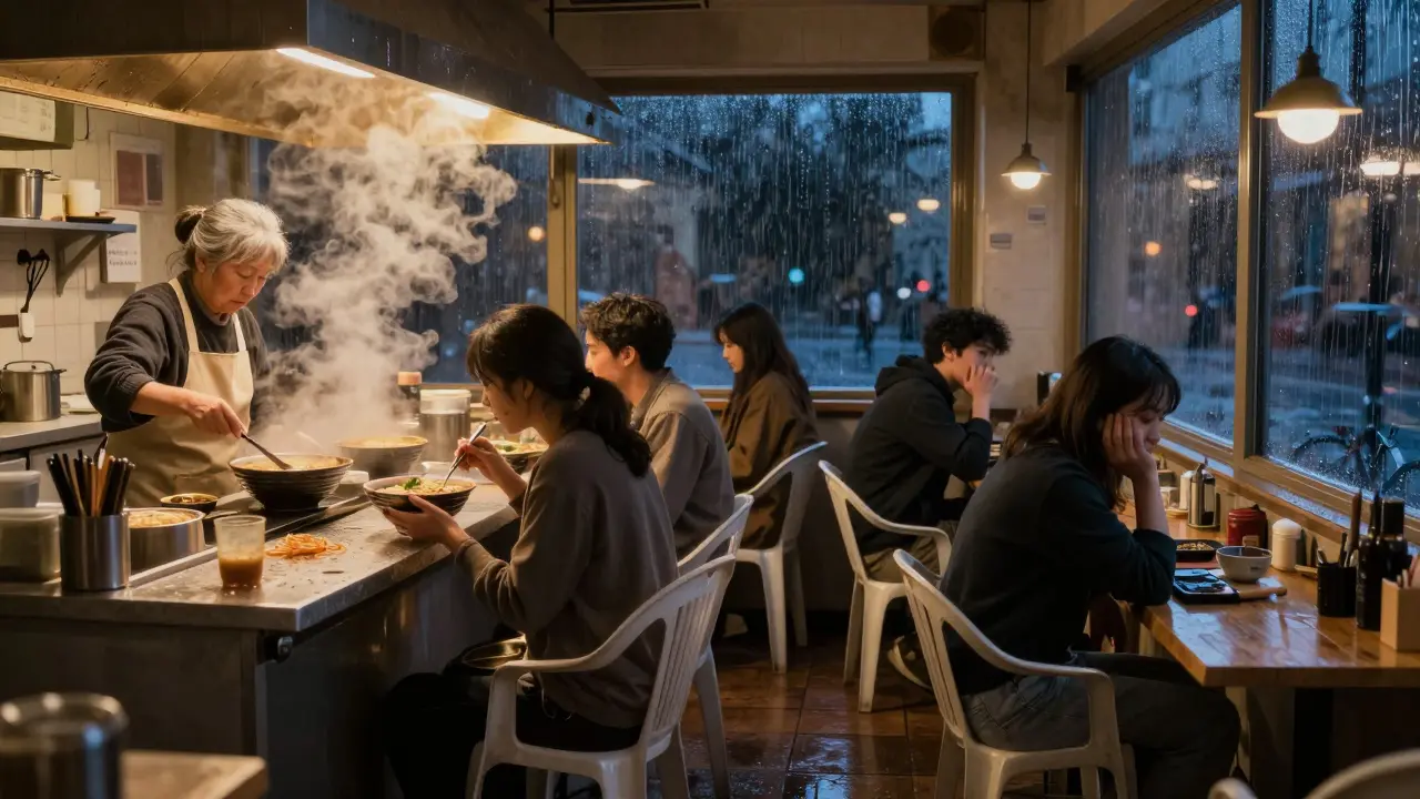 A 24-hour noodle bar at 3 a.m. with steam rising from bowls, an elderly cook serving weary patrons in flickering light.