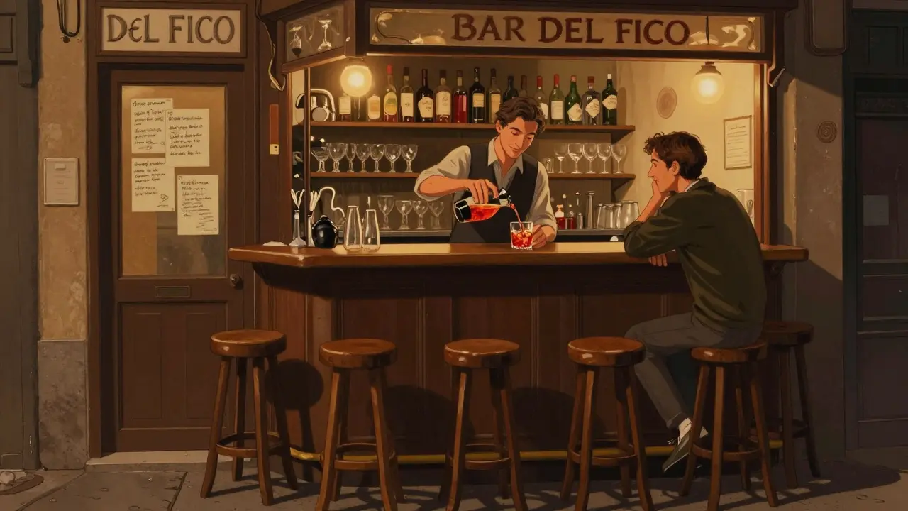 A bartender pouring a Negroni Sbagliato in a cozy, no-frills Milanese bar.