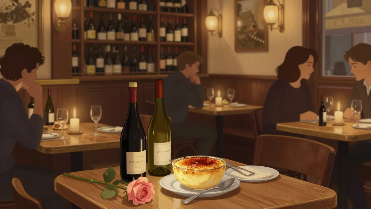 A candlelit bistro table with shared dessert and a single rose, warm lighting highlighting wine bottles and intimate quiet.
