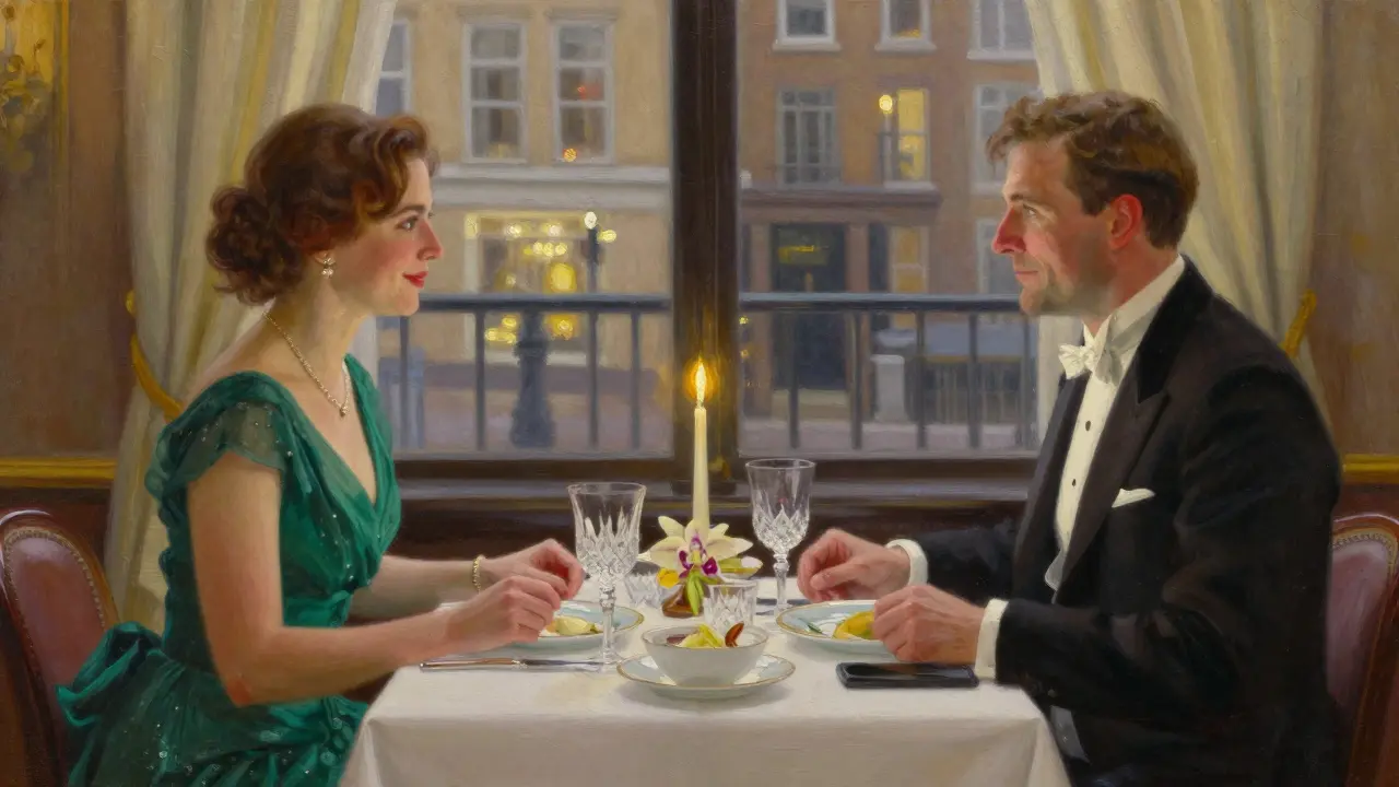 A couple enjoys an intimate dinner in a refined London restaurant with candlelight and fine dining.
