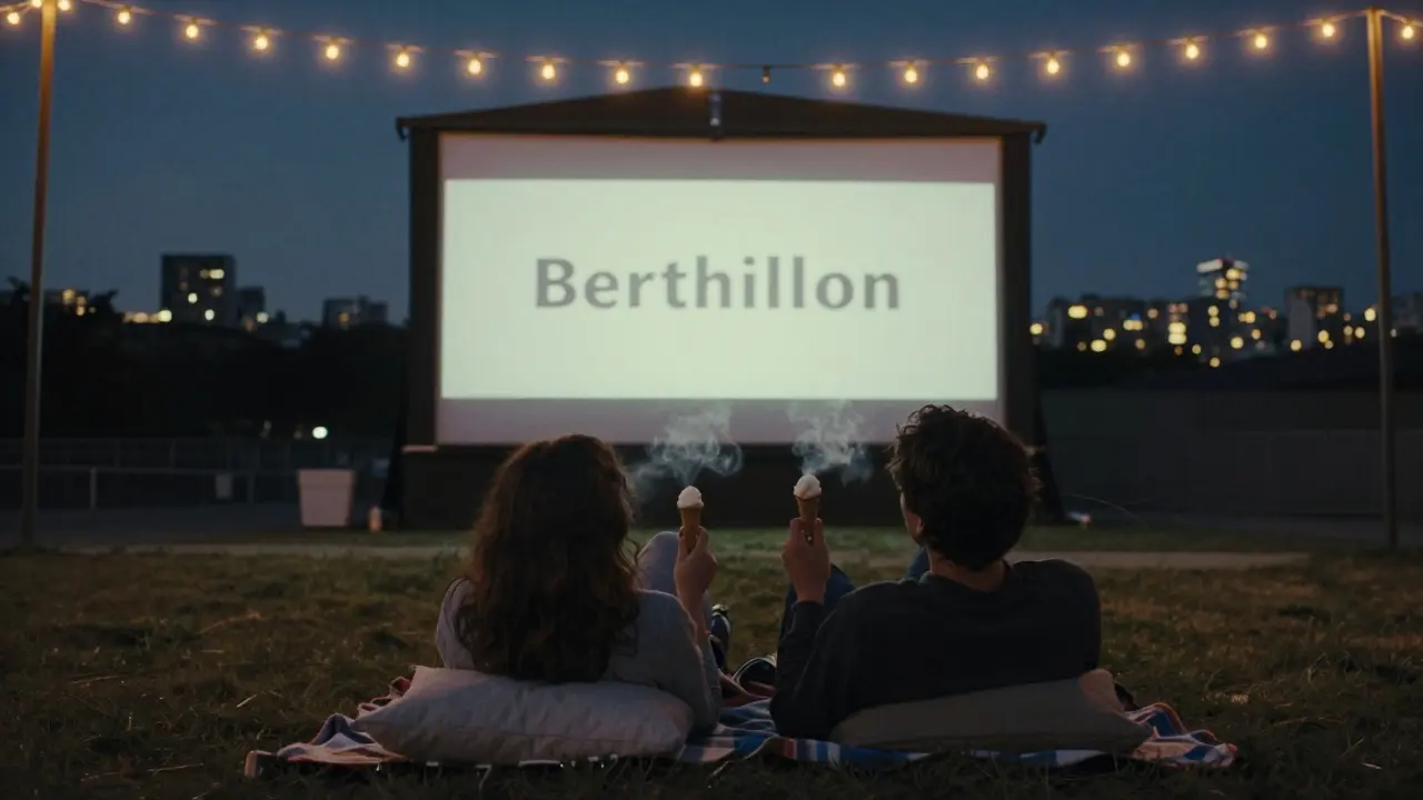A couple lies under the stars at an open-air cinema, eating ice cream as a classic French film plays softly behind them.