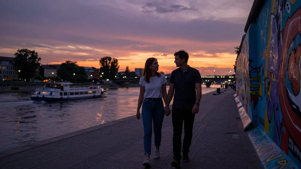 A couple strolls along the Spree River at dusk, passing vibrant murals of the East Side Gallery.