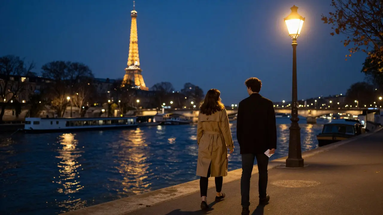A couple walking along the Seine at night, their reflections in the water beneath a glowing streetlamp.