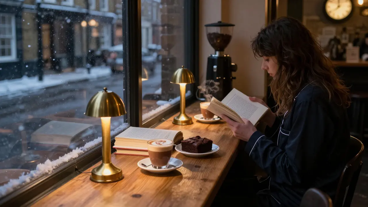 A cozy 2 a.m. café with warm lamps, open books, and steaming drinks in a snowy window.
