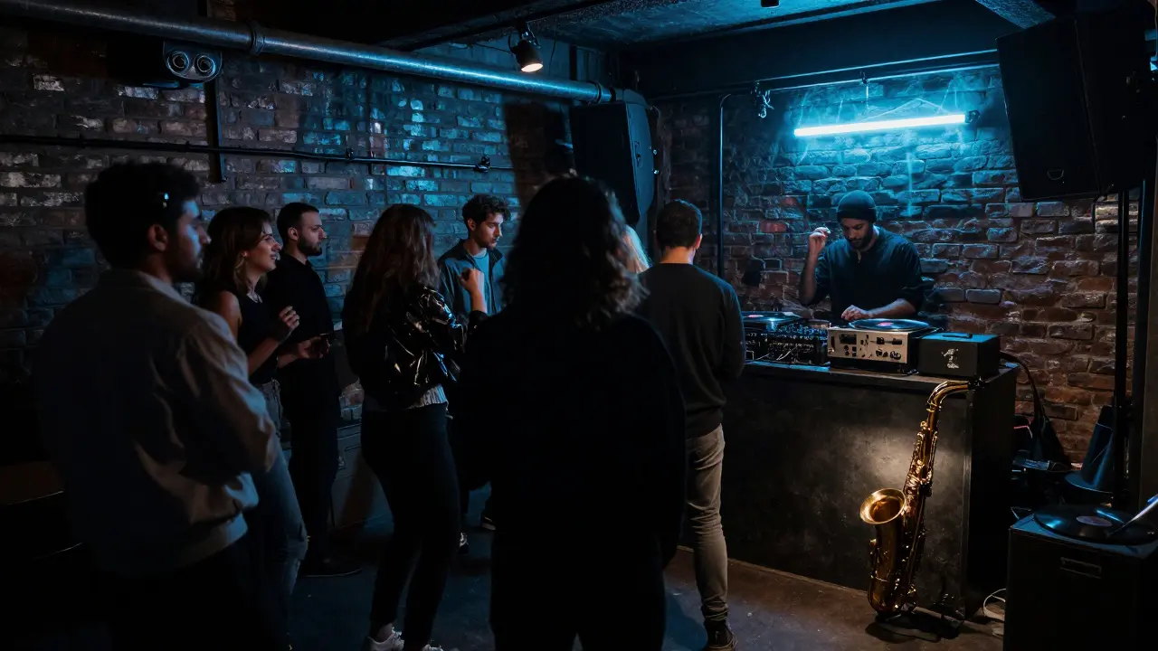 A crowded underground club in Beyoğlu with live jazz and deep bass vibrations in dim lighting.