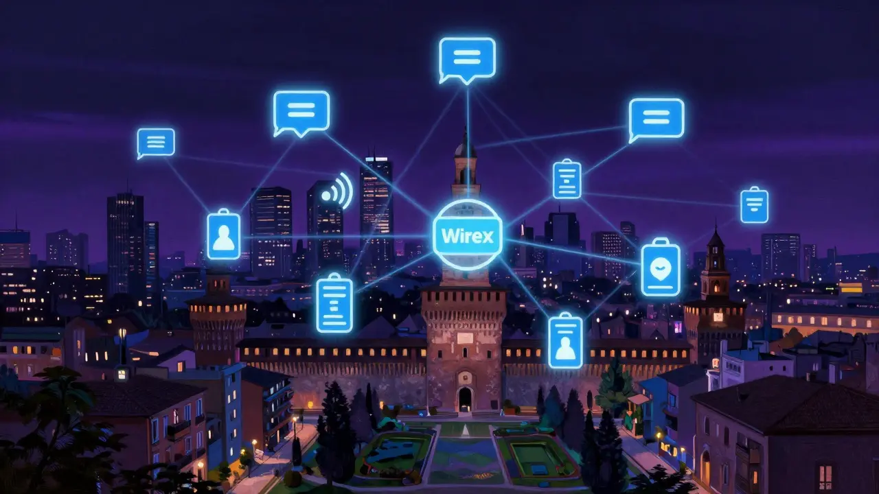 A digital network of encrypted messages, crypto payments, and safety tools glowing above Milan’s skyline, symbolizing discretion and technology.