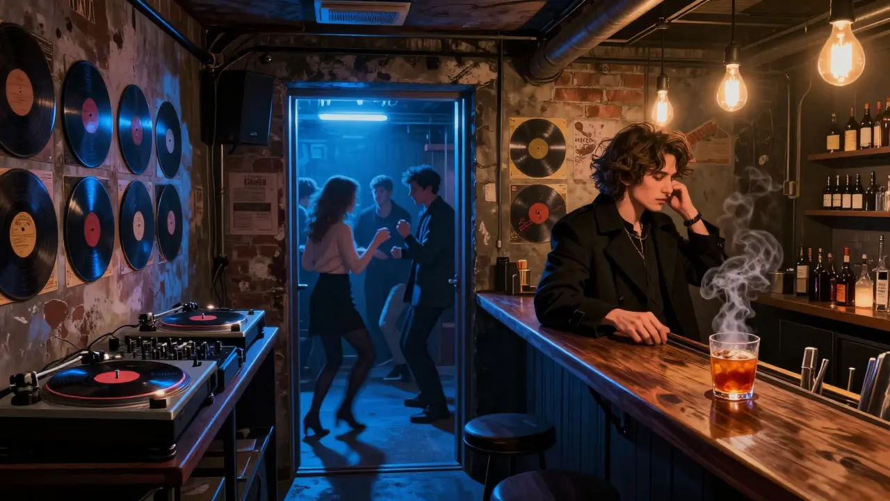 A dimly lit basement club with vinyl records and a small crowd dancing under neon lights.