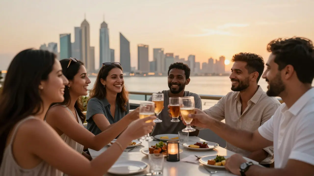 A diverse group of people laugh together at a rooftop bar in Abu Dhabi at sunset, enjoying the city view and each other's company.
