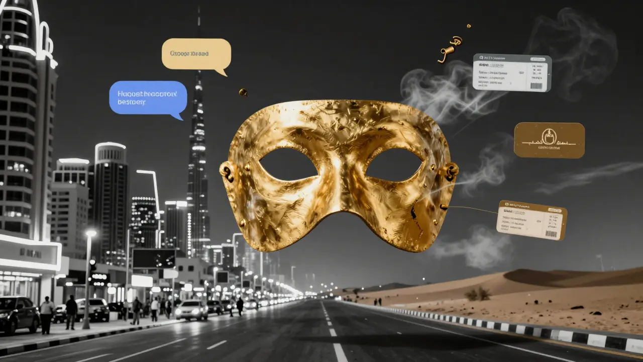 A golden mask floating above Dubai's night skyline, surrounded by digital fragments of privacy and danger.